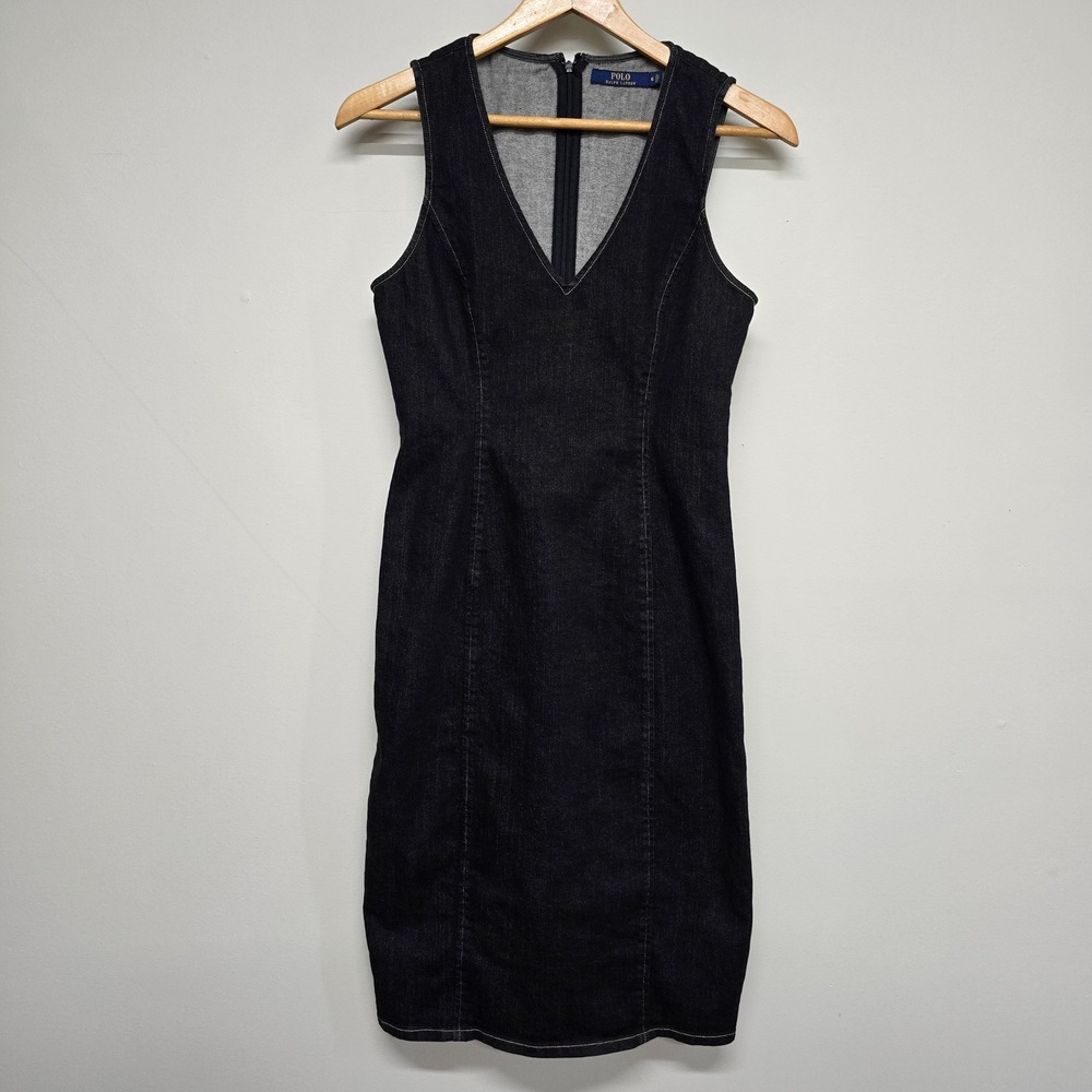 Polo Ralph Lauren Denim Sheath Dress Womens 6 Dark Wash Cotton Stretch V-Neck